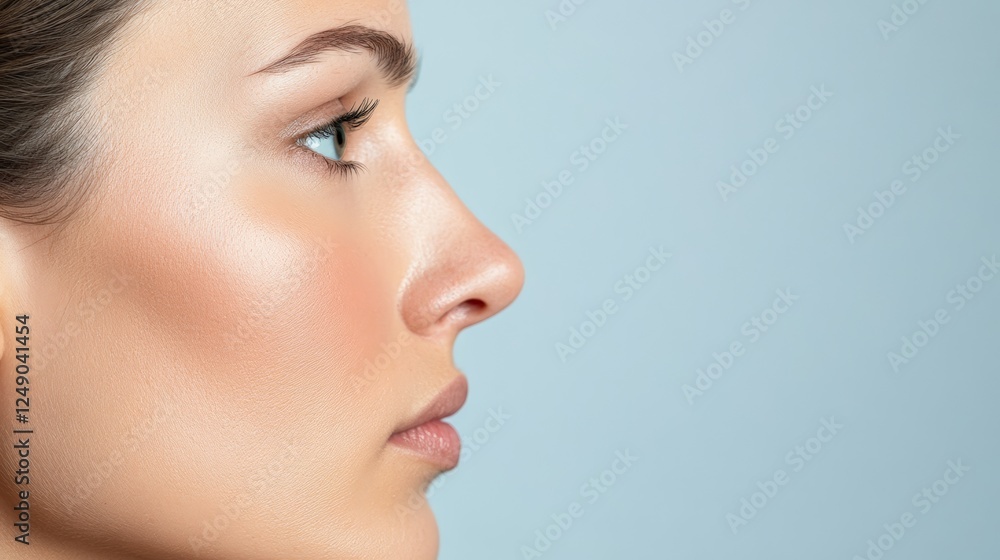 Profile of a beautiful woman breathing and smelling, showing her perfect nose after rhinoplasty surgery, cosmetology and beauty treatment for wellness and healthcare Profile of a beautiful woman breathing and smelling, showing her perfect nose after rhinoplasty surgery, cosmetology and beauty treatment for wellness and healthcare