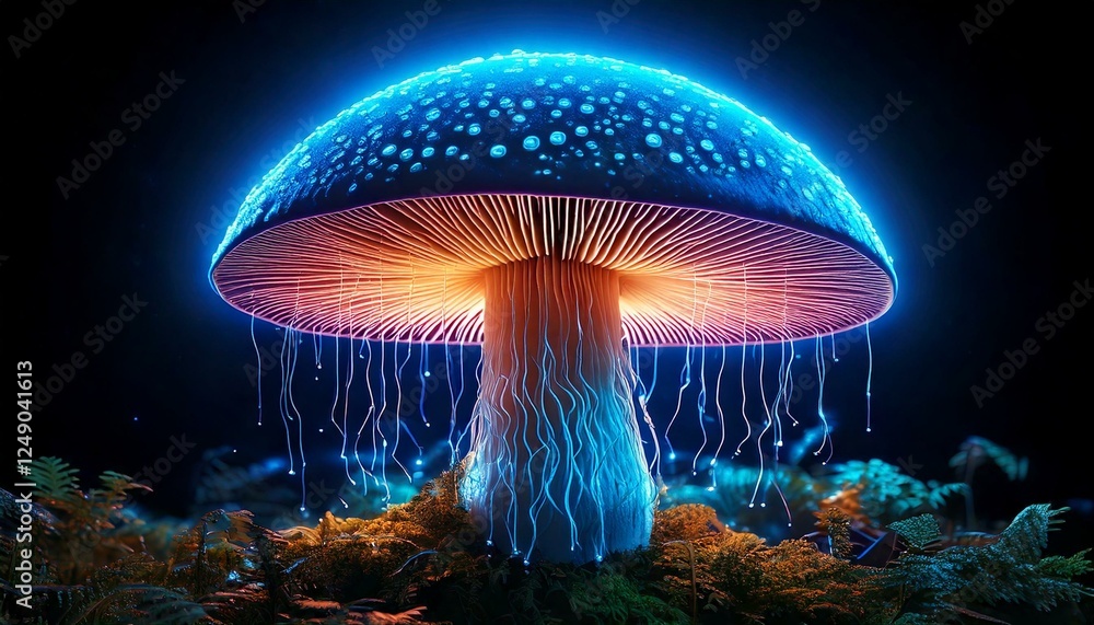 Surreal image of giant mushroom with Generated image glowing neon circuit patterns for a nature and technology mashup. Surreal image of giant mushroom with Generated image glowing neon circuit patterns for a nature and technology mashup.