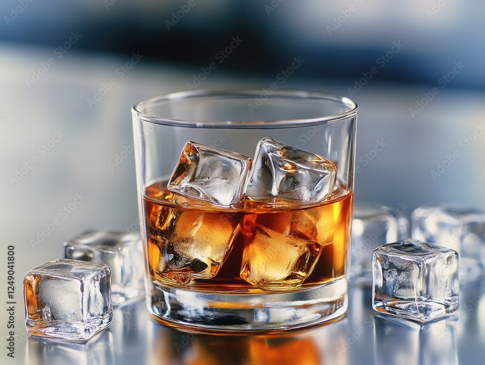 Cold mixed drink on a shaker with ice cubes.