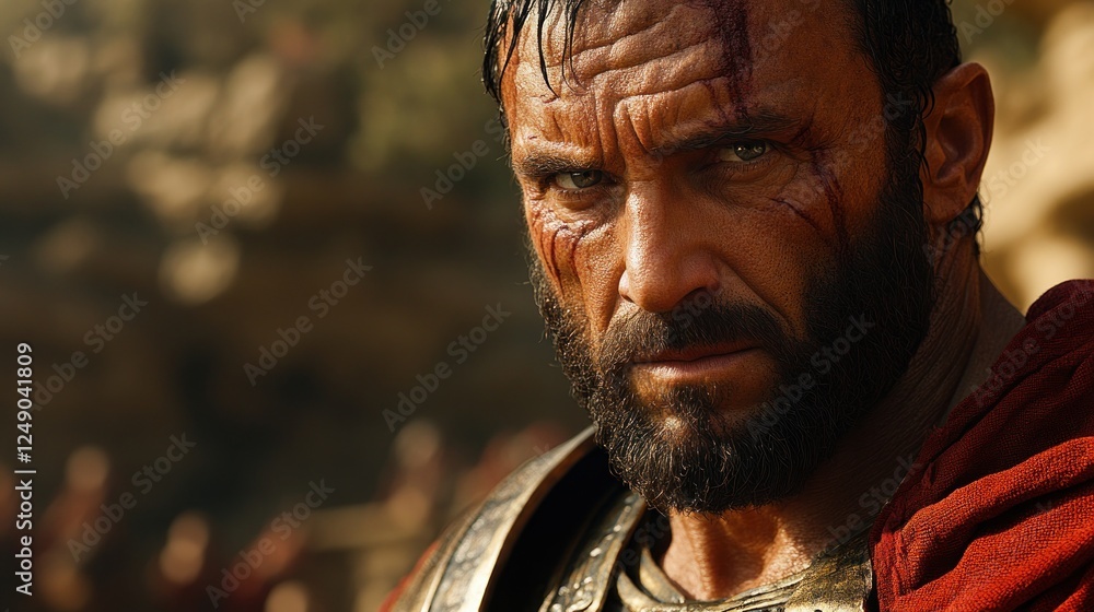 Weathered warrior, intense gaze, battle scars. Weathered warrior, intense gaze, battle scars.