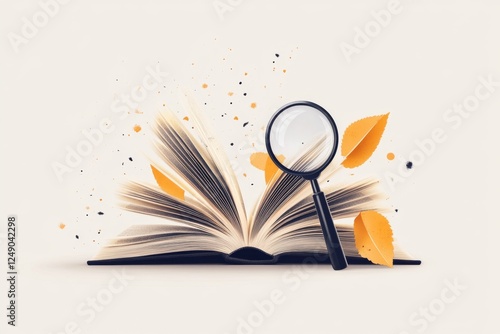 A clean minimalist icon of an open book with a magnifying glass, symbolizing dictionary lookup photo