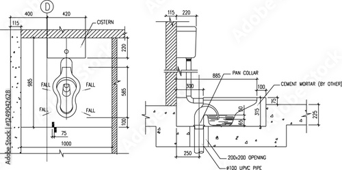 vector sketch, silhouette illustration, typical service sink installation detail design 