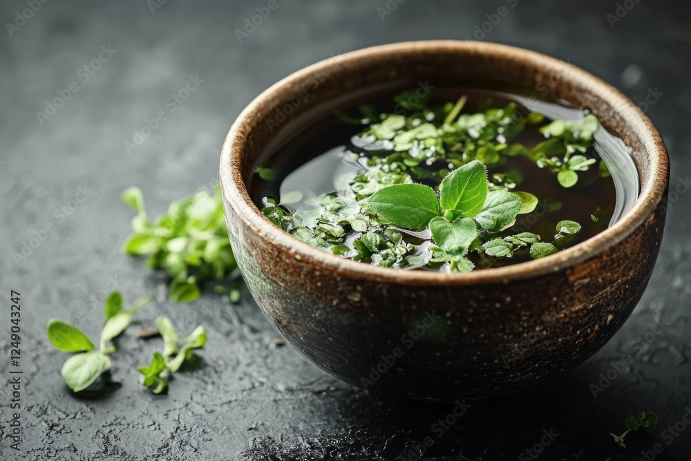 Close-up of a bowl containing fresh herbs and green tea, suggesting health benefits or culinary use. Close-up of a bowl containing fresh herbs and green tea, suggesting health benefits or culinary use.