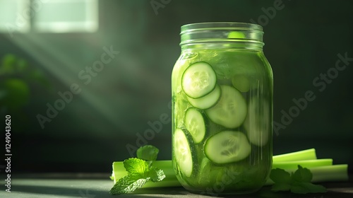 Jar of Green Cucumber Water with Celery and Mint Infusion Close-up Shot photo