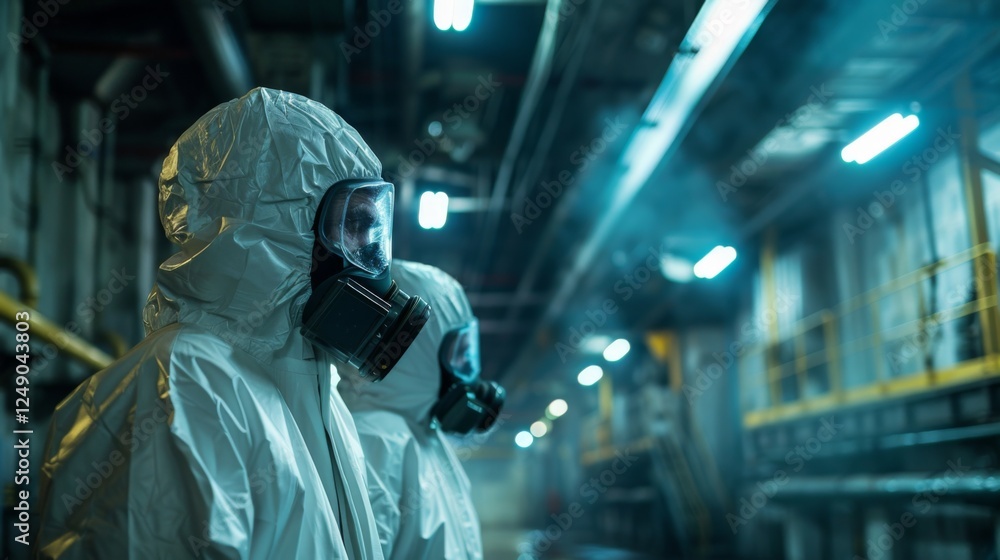 Two individuals wearing white protective suits and gas masks conduct inspections in a dimly lit industrial setting. Ambient lights create a serious atmosphere during safety checks. Two individuals wearing white protective suits and gas masks conduct inspections in a dimly lit industrial setting. Ambient lights create a serious atmosphere during safety checks.