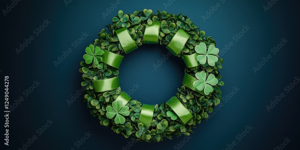 A green wreath made from clovers, with each clover meticulously placed to form a perfect circle. A green wreath made from clovers, with each clover meticulously placed to form a perfect circle.