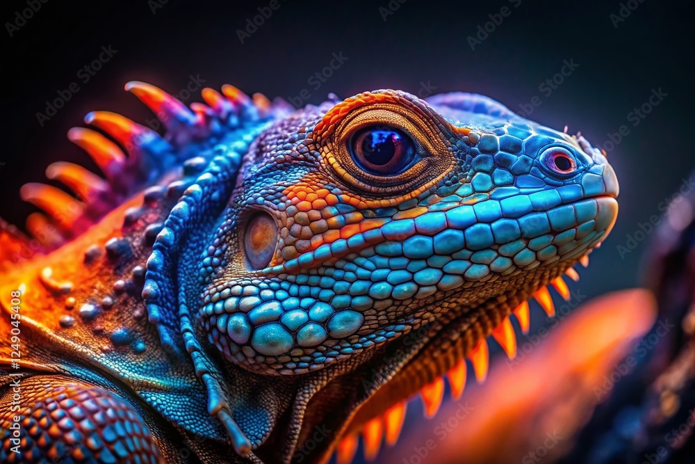 Fototapeta premium Glowing Neon Lizard Closeup: Mystical Reptile with Orange & Blue Scales in Dark Setting