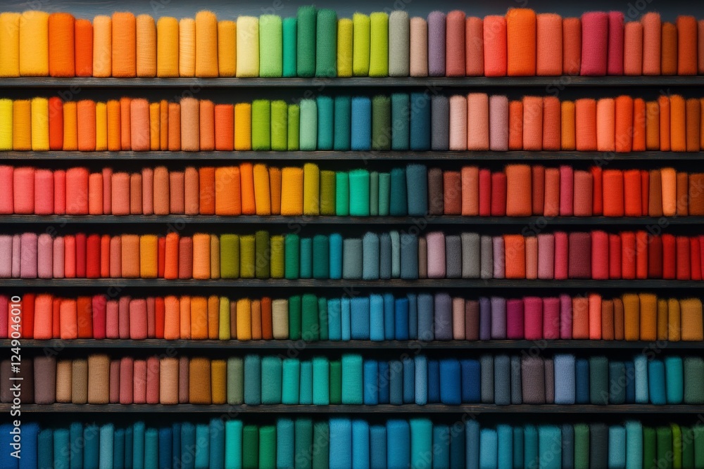 Multicolored pieces of fabric on shelves. Generative AI Multicolored pieces of fabric on shelves. Generative AI