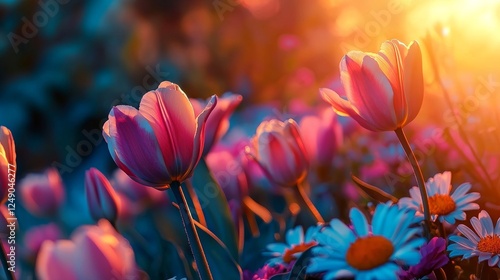 A garden filled with the vibrant hues of tulips, daisies, and roses