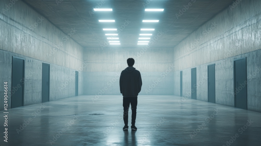 Man standing alone in futuristic corridor, lights, uncertainty Man standing alone in futuristic corridor, lights, uncertainty