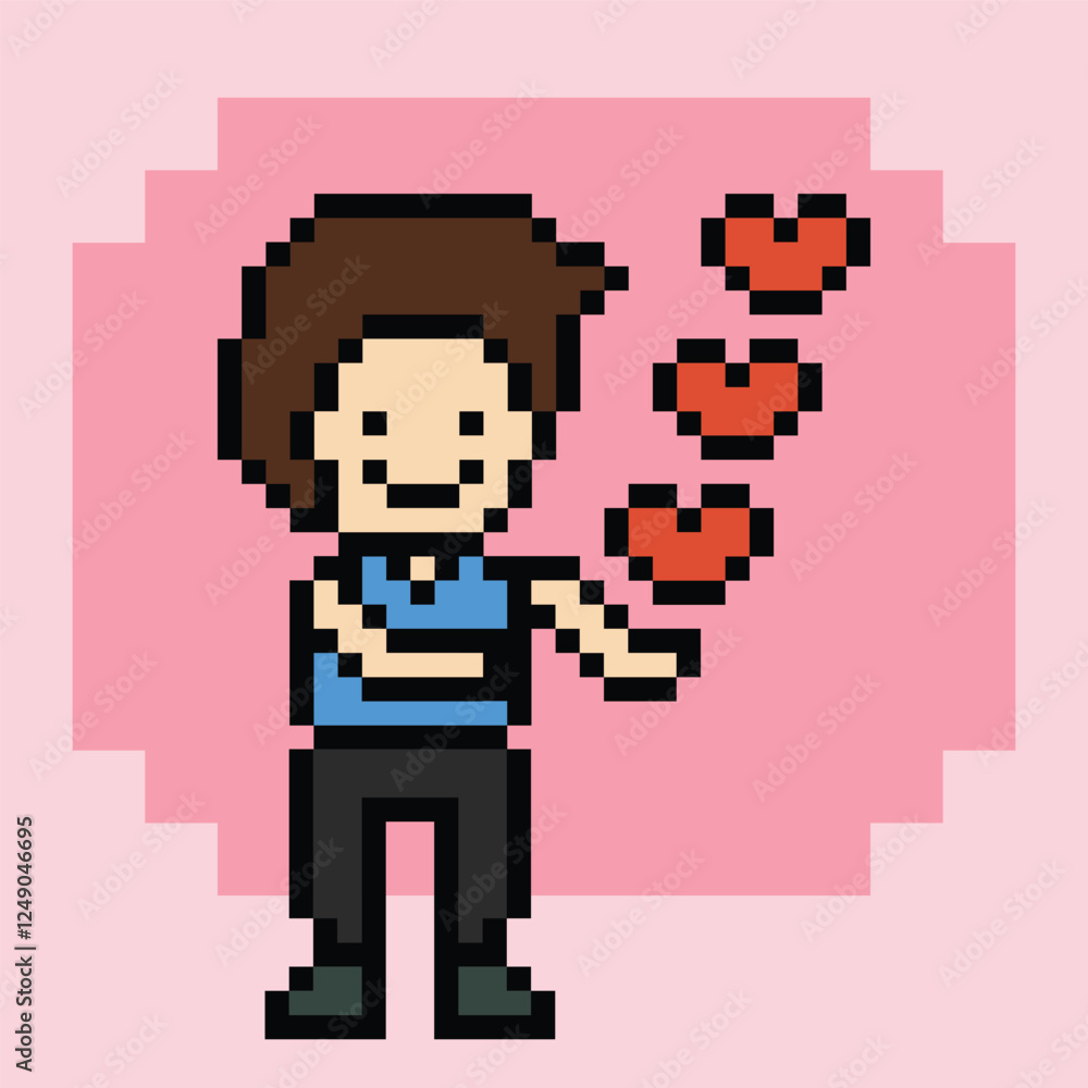 Obraz premium Cute pixel cartoon 8bit character man feel love happy happiness heart emotion decoration in love 8 bit male boy happy favorite like mood game vector.