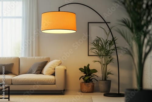 Orange floor lamp illuminates modern living room photo