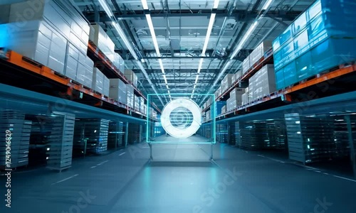 A futuristic warehouse with automated systems and a glowing circular interface. The camera pans across the shelves and robotic arms, highlighting the efficiency of the technology.