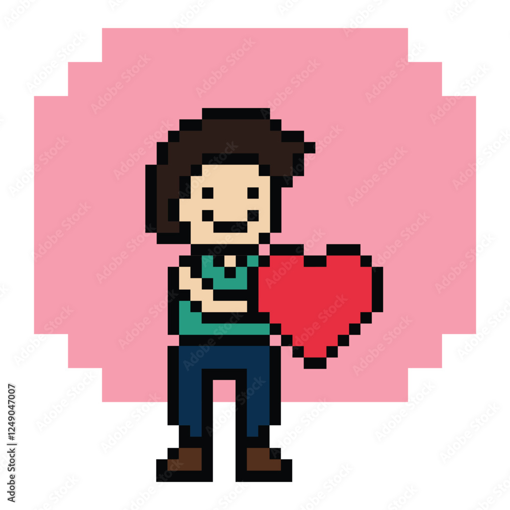 Fototapeta premium Cute pixel cartoon 8bit character man feel love happy happiness heart emotion decoration in love 8 bit male boy happy favorite like mood game vector.