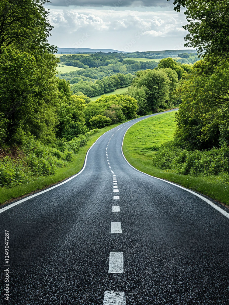 Fototapeta premium Winding Country Road with Serene Atmosphere Leading Through Verdant Landscape Under Open Sky