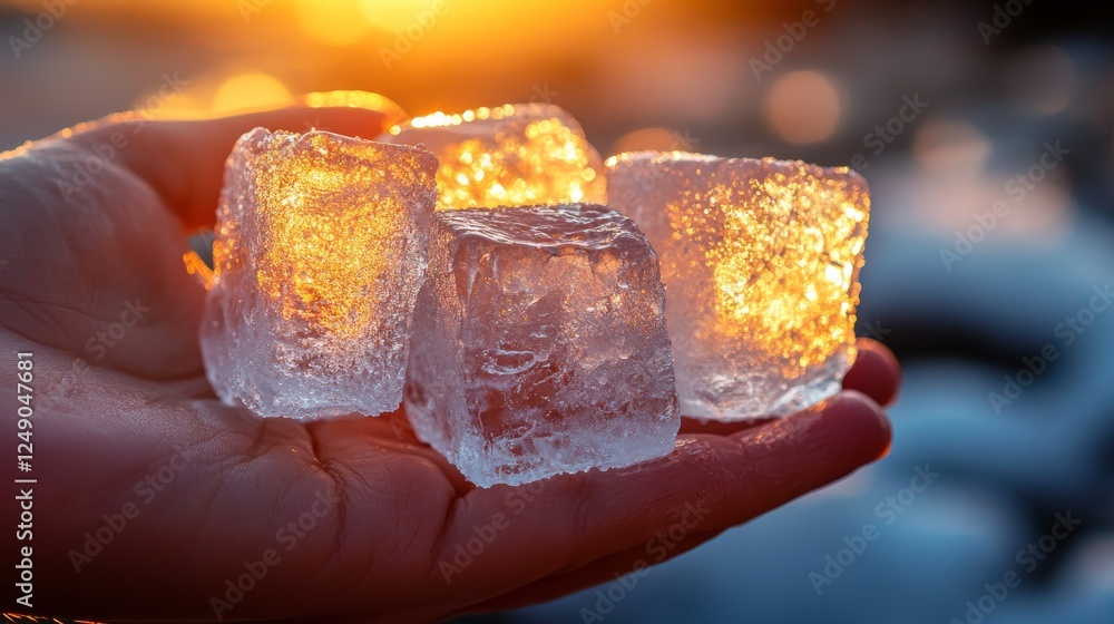 A small cluster of ice cubes in a person's hand against a bright, sunny outdoor backdrop A small cluster of ice cubes in a person's hand against a bright, sunny outdoor backdrop