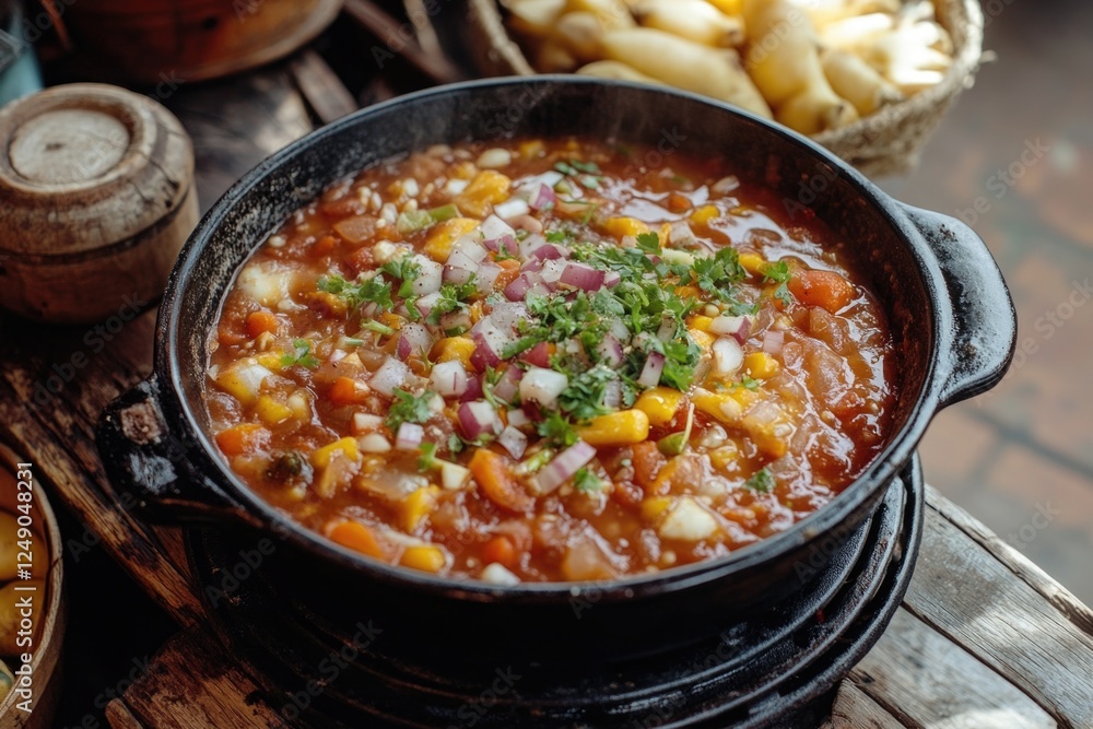 Delicious soup with vegetables, herbs and spices. Prepared in a black cast iron pot for even heat distribution. Delicious soup with vegetables, herbs and spices. Prepared in a black cast iron pot for even heat distribution.