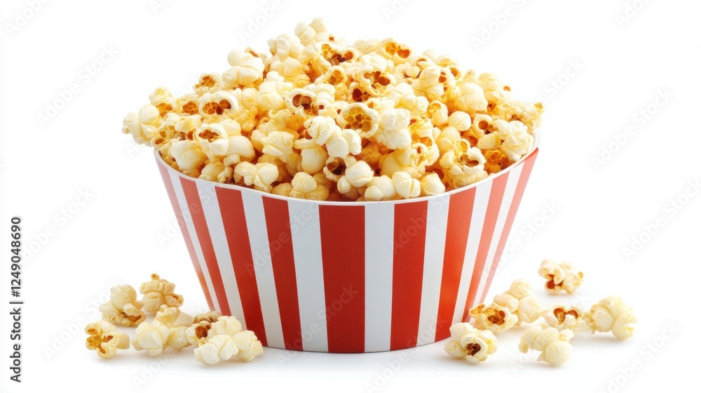 Freshly Popped Popcorn in Red and White Striped Bowl on White Background