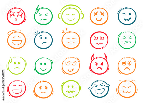 Colorful doodle emoji face icons set. Sketch style ink brush vector signs.