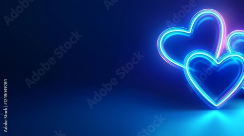 Matte logo design with neon hearts softly glowing against a dark navy blue background, elegant and subtle photo