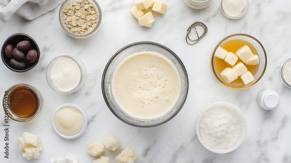 Ingredients for Homemade Lotion or Cream Preparation on Marble Surface Ingredients for Homemade Lotion or Cream Preparation on Marble Surface