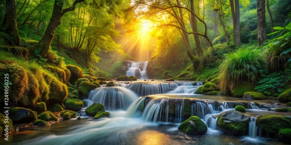 Golden Sunlight Dapples Forest Stream & Waterfall - Low Light Photography Golden Sunlight Dapples Forest Stream & Waterfall - Low Light Photography