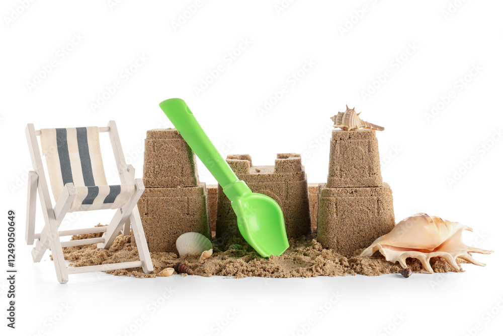 Castle made of sand, seashells, toy shovel and mini deckchair on white background Castle made of sand, seashells, toy shovel and mini deckchair on white background