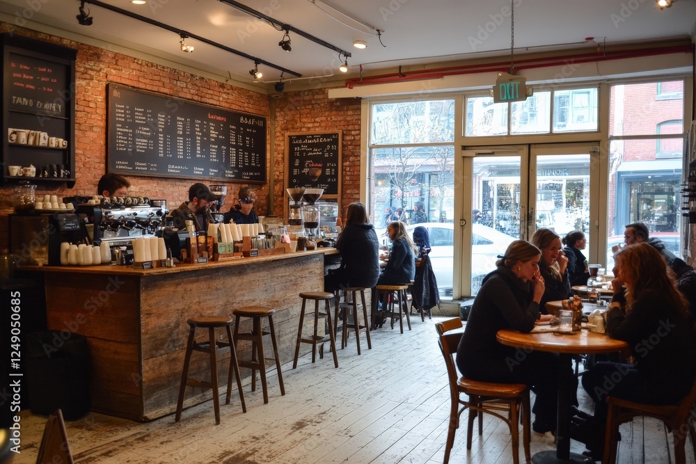 A coffee shop with a chalkboard menu and people chatting at tables A coffee shop with a chalkboard menu and people chatting at tables