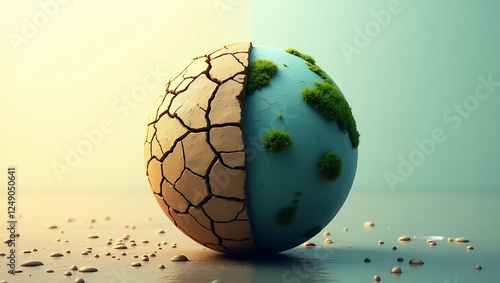 Cracked Dry Earth Transforming into Green Globe with Water Droplets for World Water Day