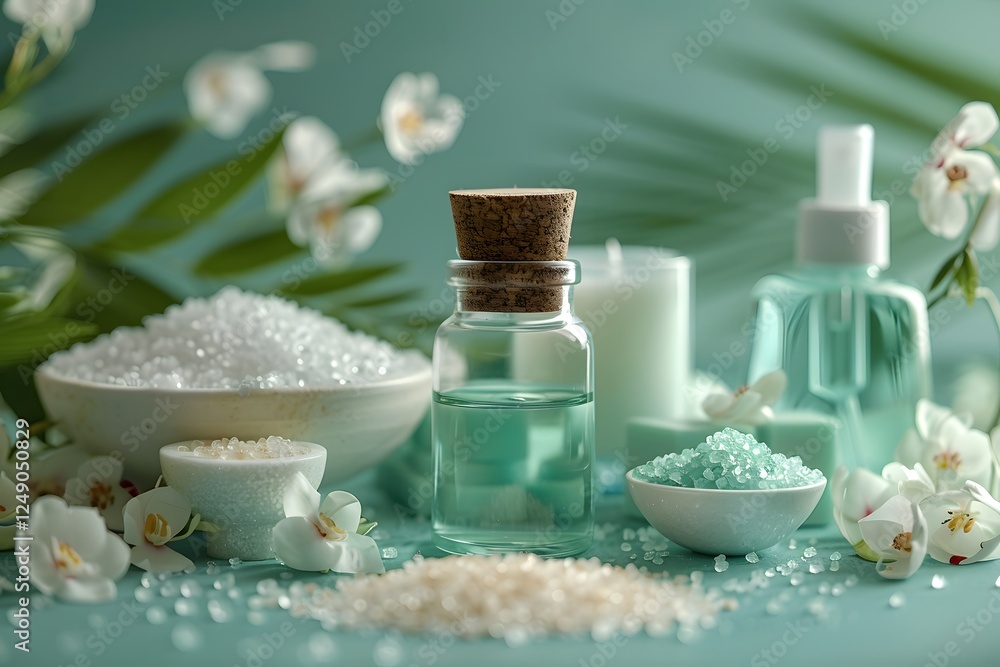 Calming Spa Experience: Artistic Image of Sea Salt and Organic Aromatherapy Oil, Capturing Tranquil Well-Being Calming Spa Experience: Artistic Image of Sea Salt and Organic Aromatherapy Oil, Capturing Tranquil Well-Being