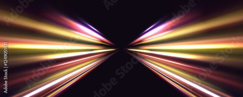 Swirl bokeh effect. Colored shiny sparks of spiral wave. Curved bright speed line swirls. Shiny wavy path. Rotating dynamic neon circle. Magic golden swirl with highlights.