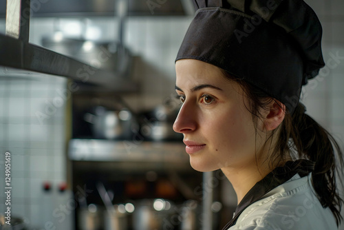 Generative AI Image of Smiling Professional Female Chef in Restaurant Kitchen photo