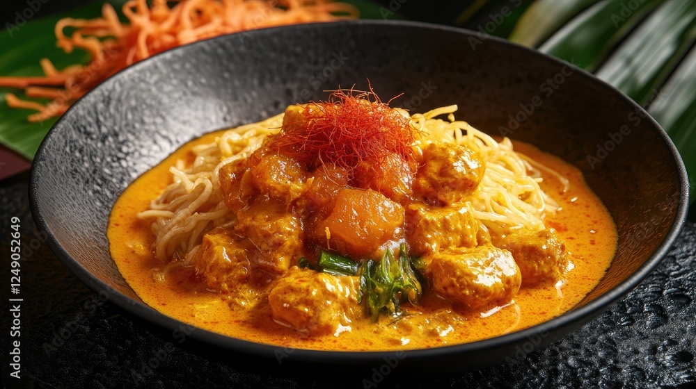 Delicious Asian Curry Noodles with Garnish in Elegant Black Bowl Delicious Asian Curry Noodles with Garnish in Elegant Black Bowl