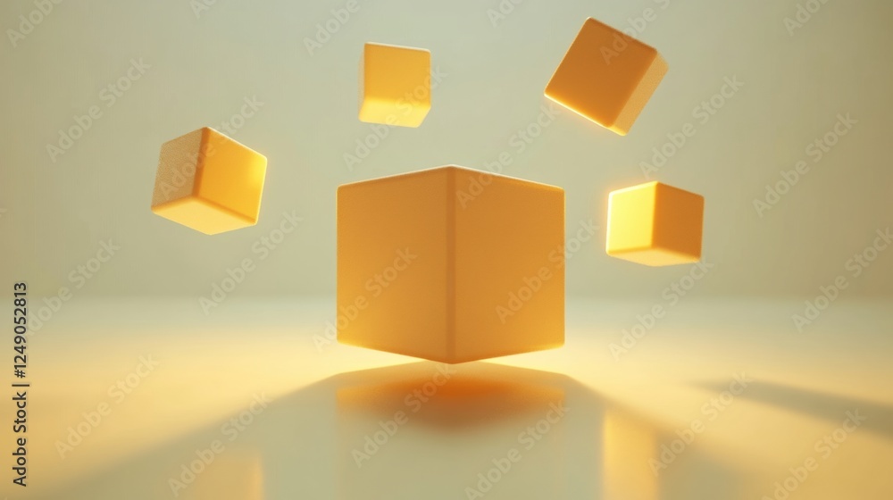 Fototapeta premium Floating 3D Yellow Cubes with Soft Light on Abstract Background
