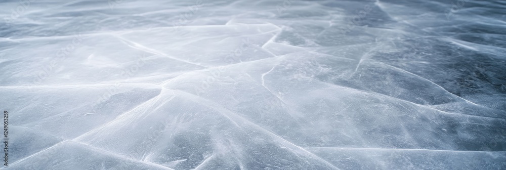 Ice covering a lake surface, featuring cracks and patterns, offers a beautiful natural winter background with varying shades of blue and white Ice covering a lake surface, featuring cracks and patterns, offers a beautiful natural winter background with varying shades of blue and white