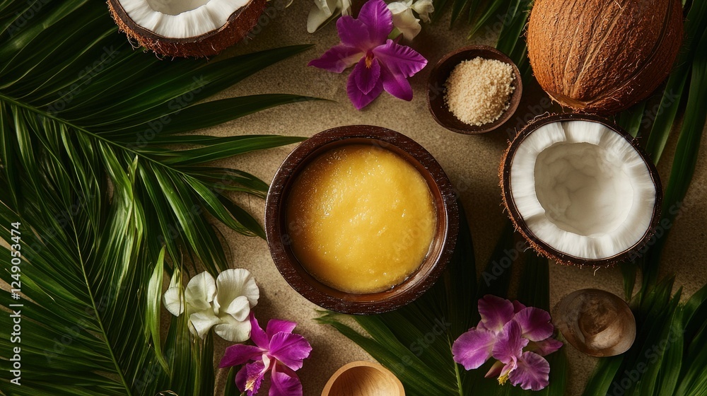 Tropical Composition with Coconut, Butter, Flowers and Leaves Tropical Composition with Coconut, Butter, Flowers and Leaves