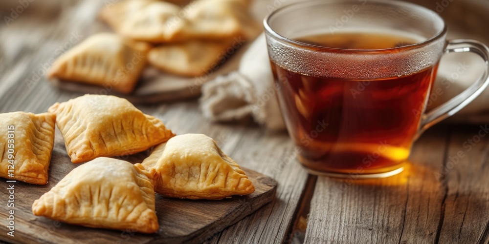 A plate of pastries and a cup of tea sit on a wooden table. The pastries are small, round, and golden brown, and they are arranged in a neat row. The tea is hot and steaming A plate of pastries and a cup of tea sit on a wooden table. The pastries are small, round, and golden brown, and they are arranged in a neat row. The tea is hot and steaming