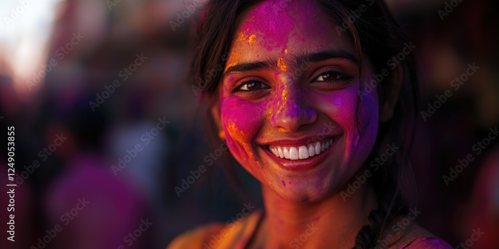 Woman in traditional Indian attire covered in colored powder, celebrating the vibrant Hindu festival of Holi. Woman in traditional Indian attire covered in colored powder, celebrating the vibrant Hindu festival of Holi.