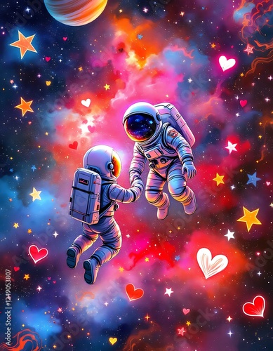 Astronauts Holding Hands in Colorful Space Nebula