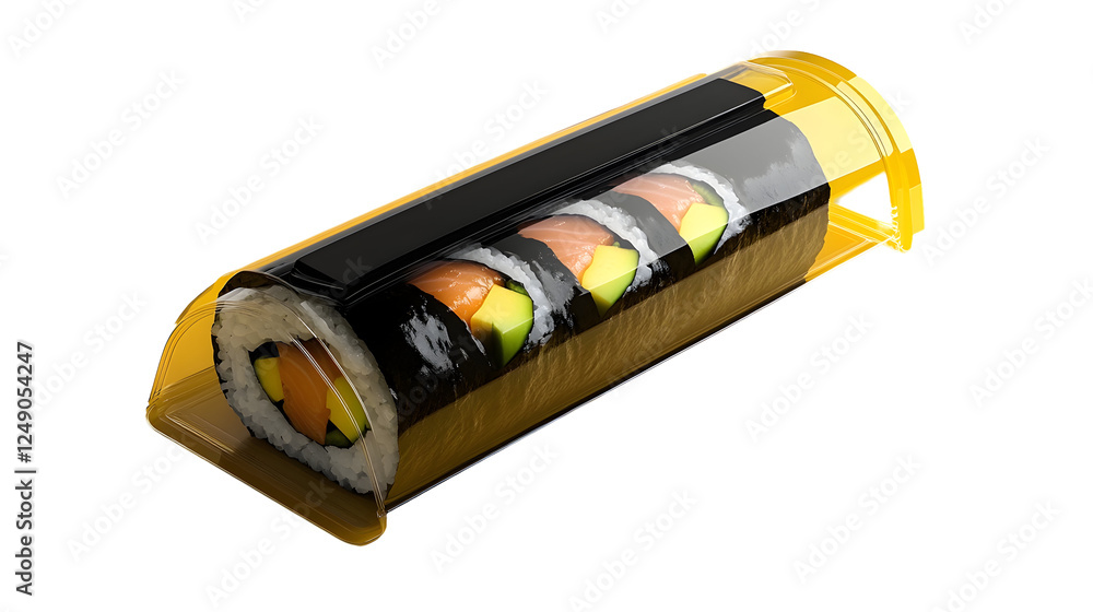 A long sushi roll elegantly packaged in a black and gold sleeve, perfect for premium sushi presentation. A long sushi roll elegantly packaged in a black and gold sleeve, perfect for premium sushi presentation.
