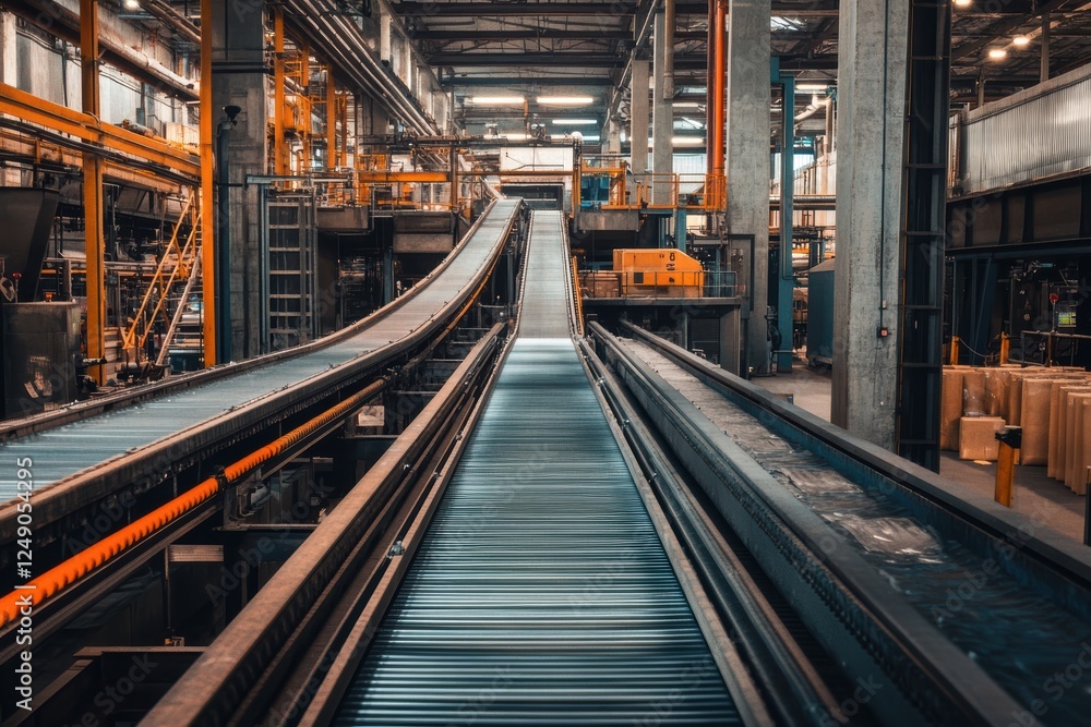 Factory with large conveyor belts for efficient material transport in a bustling environment Factory with large conveyor belts for efficient material transport in a bustling environment