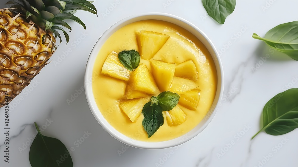 Delicious Pineapple Smoothie Bowl with Basil on Marble Surface Delicious Pineapple Smoothie Bowl with Basil on Marble Surface