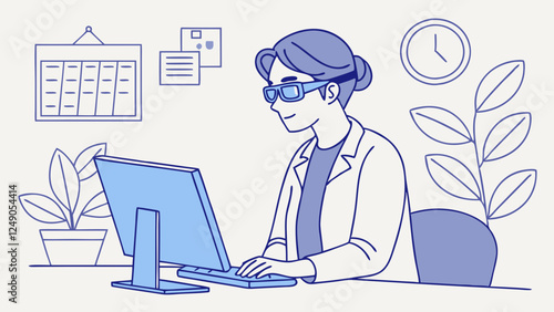 Woman in lab coat and glasses working at computer desk. Blue-toned office environment with calendar and plant decor. Concept of: medical research, scientific analysis, laboratory operations