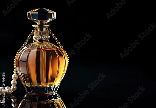 Photo of a bottle of perfume with copy space, on a black background, with a golden chain around it and a pearl hanging from the neck. photo