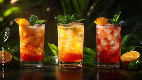 Refreshing tropical cocktails with vibrant colors and garnishes, surrounded by lush greenery