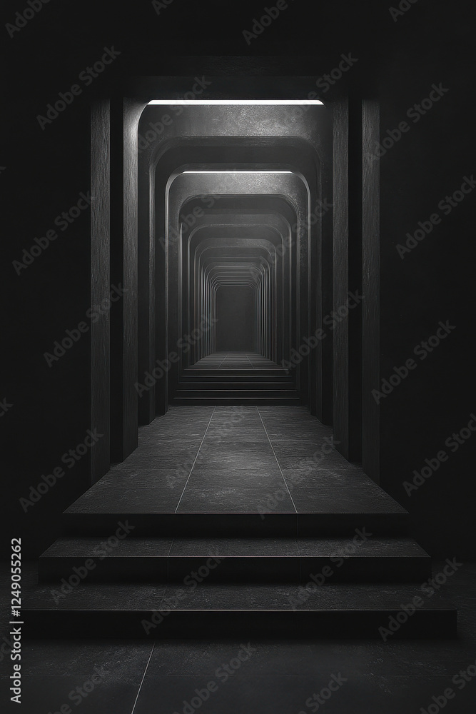 Fototapeta premium dark, minimalist corridor with arches and steps creates mysterious atmosphere