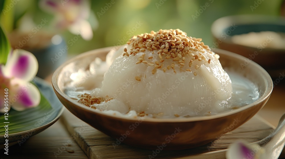Delicious Dessert With Coconut Milk And Sesame Seeds On Wooden Table Delicious Dessert With Coconut Milk And Sesame Seeds On Wooden Table