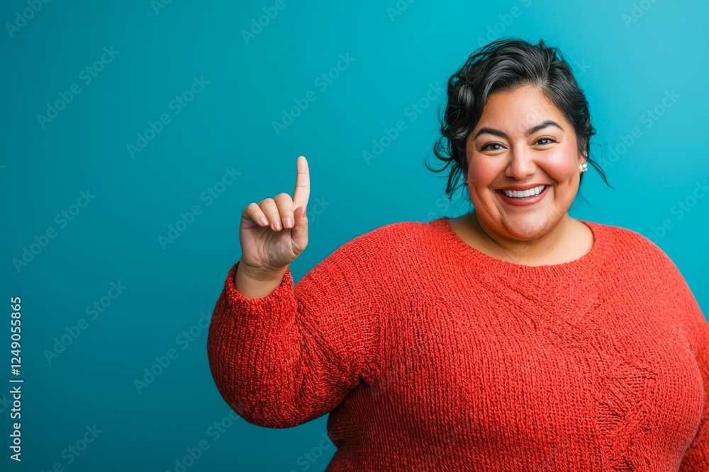 Mexican overweight woman smiling while pointing to a copy space ad against a blue studio background. Mexican overweight woman smiling while pointing to a copy space ad against a blue studio background.