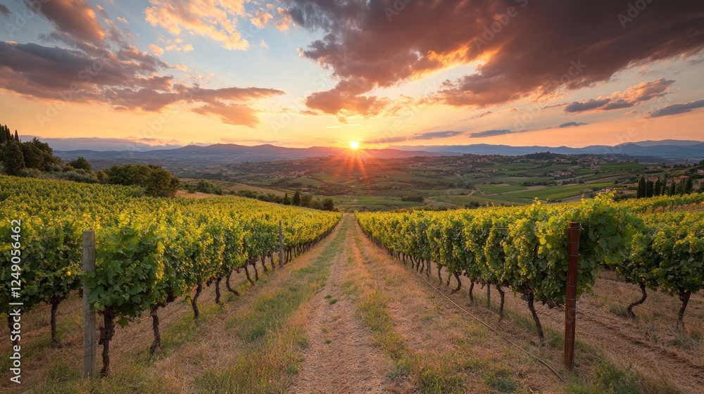 Rows of grapevines extend across the sunlit rolling hills of a vineyard Rows of grapevines extend across the sunlit rolling hills of a vineyard