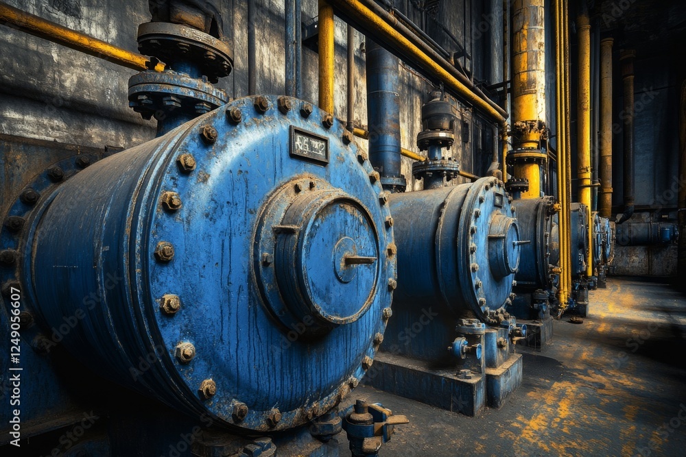 Industrial Blue Machinery in Factory, Pipes, Energy Industrial Blue Machinery in Factory, Pipes, Energy
